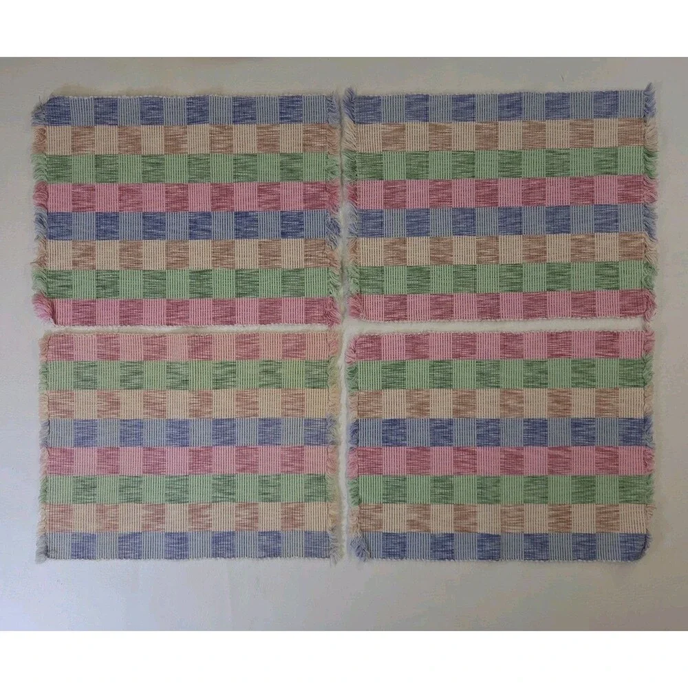 4 Vtg Pastel Plaid Woven Placemats Pink Blue Green Fringed Boho Cottage 13x17